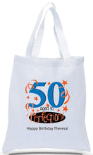 Happy 50th Birthday Gift Tote Bag Made of 100% Cotton Canvas with a Colorful Design Available with Discount and Wholesale Pricing at Cheap Totes.
