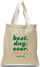Popular Slogan, "Best Day Ever" on All Cotton Canvas Tote, Ideal for Weddings, Travel Clubs and Organizations Available at Discount and Wholesale Prices.