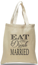 Wedding Welcome Tote made of 100% cotton canvas with popular saying, "Eat, Drink and Be Married" at Discount and Wholesale Pricing.