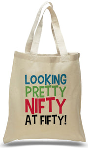Happy 50th Birthday Gift Tote Bag Made of 100% Cotton Canvas with a Colorful Design Available with Discount and Wholesale Pricing at Cheap Totes.