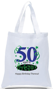 Happy 50th Birthday Gift Tote Bag Made of 100% Cotton Canvas with a Colorful Design Available with Discount and Wholesale Pricing at Cheap Totes.