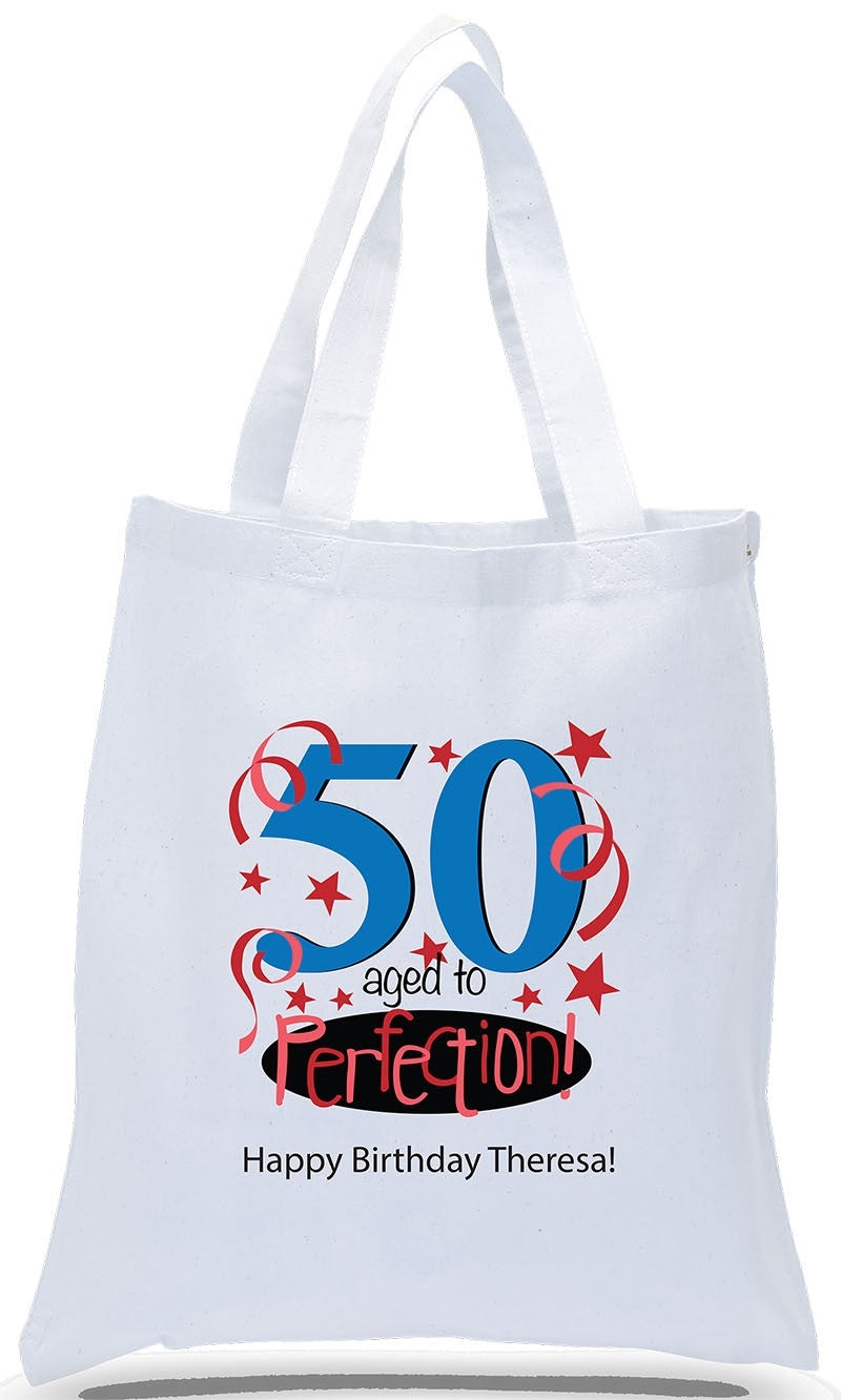 Aged to Perfection! 50th Birthday Tote Bag Orange and Blue