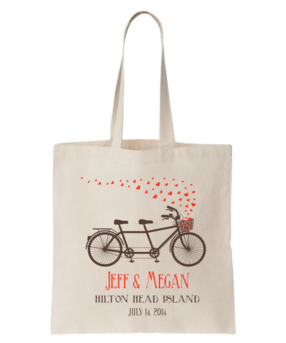 All Cotton Natural Color Canvas Tote with Tandem Bike Design, Personalized with Names, Date and Location, Ideal for Weddings and Special Events Just $3.99 Each.