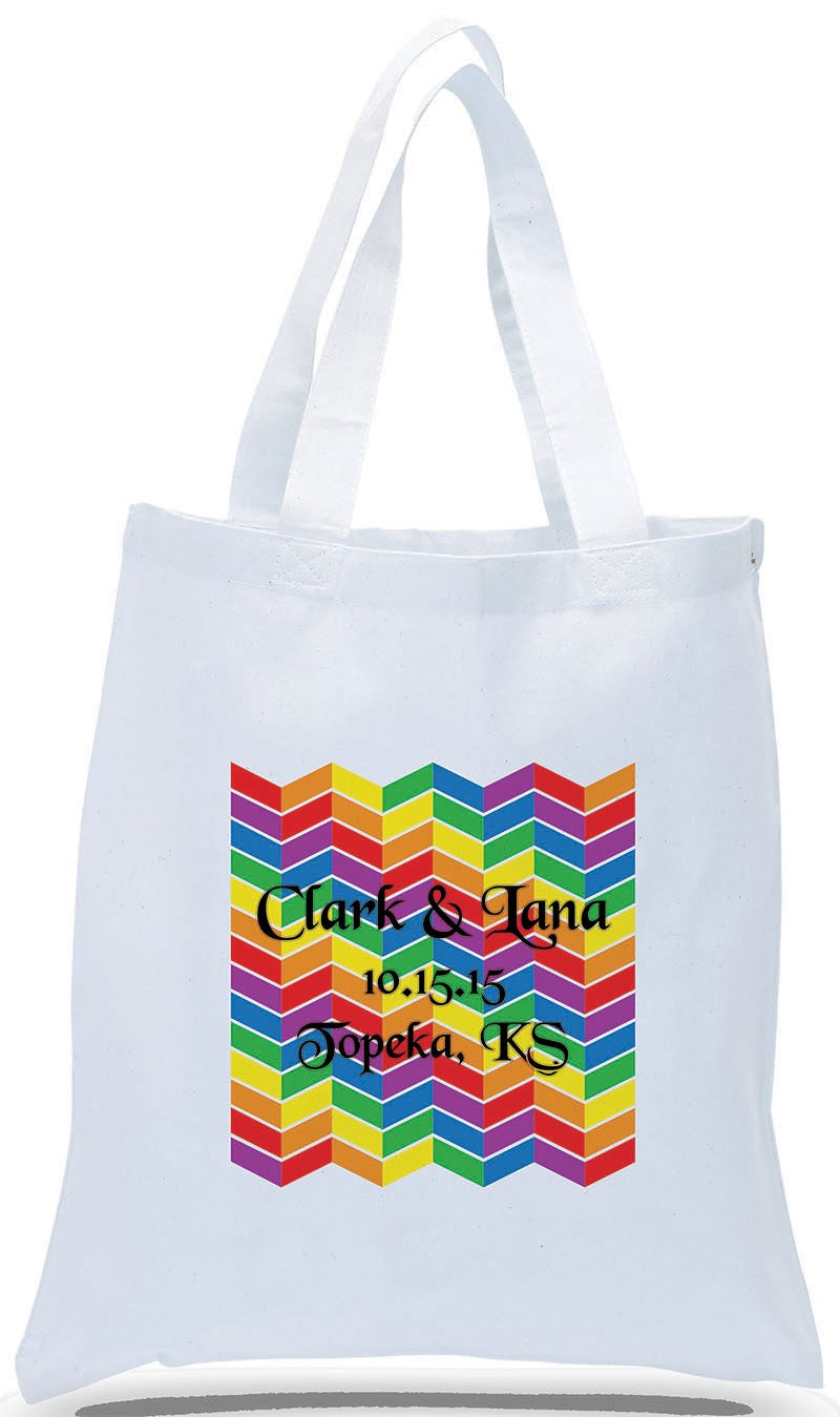 Rainbow by Famous Artist Chevron Reproduced on White Canvas Tote Personalized with Names, Location and Date Ideal for Weddings and Special Events Just $3.99 Each.
