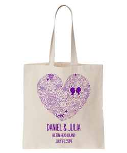 Contemporary Heart Design on All Cotton Canvas Tote Personalized with Names of Bride and Groom, Location and Date Just $3.99.  Also Ideal For Special Occasions and Events!