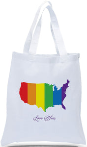Discount All Cotton Canvas Tote with "Love Wins" and a Rainbow Across the US - a Great Message for Political Rallies, Groups and Organizations.